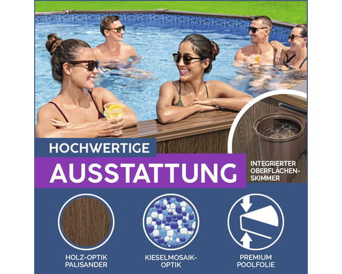 Pool mit integriertem Oberflächenskimmer, Palisanderholzoptik, Kieselmosaikoptik und Premium Poolfolie