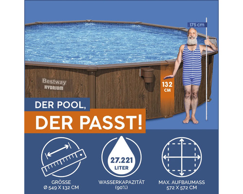 Bestway Hydrium Pool mit einer Höhe von 132 cm und einem Mann zum Größenvergleich