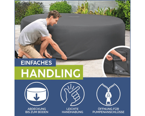 Abdeckung eines Whirlpools mit Hinweisen zu einfacher Handhabung und Abdeckung bis zum Boden