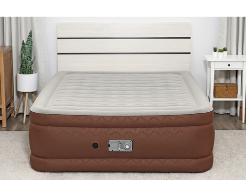 Aufblasbares Gästebett mit integrierter Pumpe und Kopfteil im Schlafzimmer