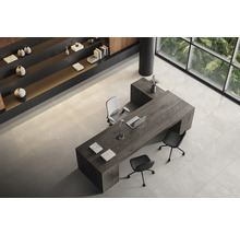 Helle Büroraumszene mit Schreibtisch, Stühlen und Regalen.