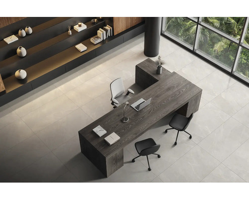 Helle Büroraumszene mit Schreibtisch, Stühlen und Regalen.