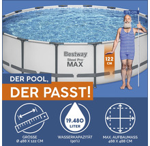 Bestway Steel Pro Max Frame Pool mit Informationen zu Größe, Höhe und Wasserkapazität.
