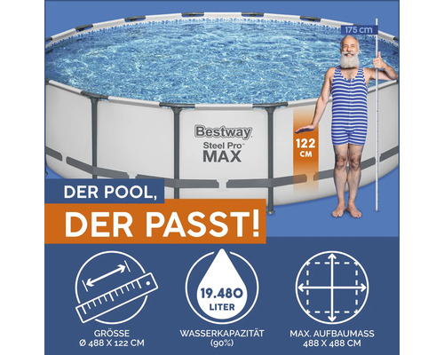 Bestway Steel Pro Max Frame Pool mit Informationen zu Größe, Höhe und Wasserkapazität.
