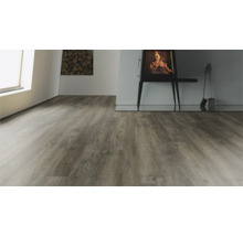 Wohnraum mit Holzboden, Kamin und Holzstapel