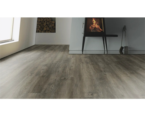 Wohnraum mit Holzboden, Kamin und Holzstapel