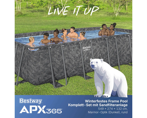 Winterfestes Frame Pool Komplett-Set mit Sandfilteranlage, 549 x 274 x 132 cm, Marmor-Optik (Dunkel)