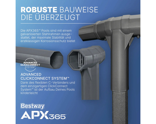 Detailansicht des Bestway APX365 Poolrahmens mit ClickConnect System für einfache Montage