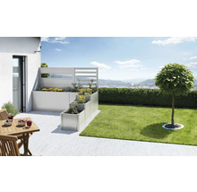Garten mit Hochbeet-Treppe, Rasenfläche und Baum