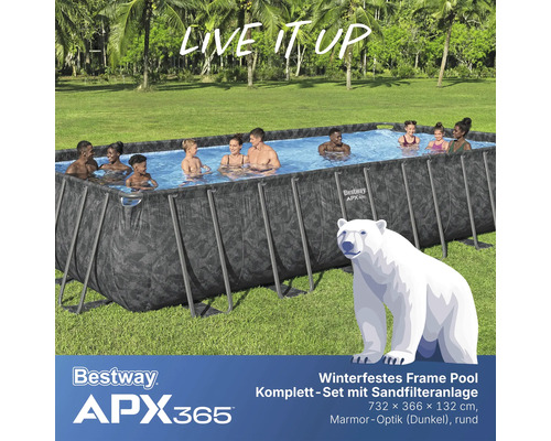 Winterfestes Frame Pool Komplett-Set mit Sandfilteranlage von Bestway, 732 x 366 x 132 cm, Marmor-Optik