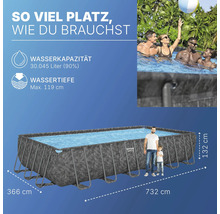 Rechteckiger Family Pool mit Stahlrahmen, 732 cm lang, 366 cm breit und 132 cm hoch, mit einer Wasserkapazität von 30045 Litern