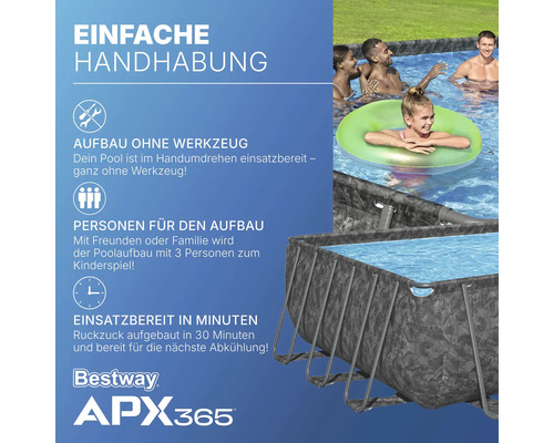 Einfache Handhabung des Pools mit Aufbau ohne Werkzeug, benötigt drei Personen und ist in 30 Minuten einsatzbereit. Bestway APX365 Logo.