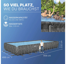 Rechteckiger Frame Pool mit den Maßen 956 cm x 488 cm x 132 cm, Wasserkapazität 52231 Liter