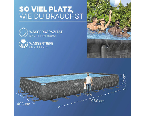 Rechteckiger Frame Pool mit den Maßen 956 cm x 488 cm x 132 cm, Wasserkapazität 52231 Liter