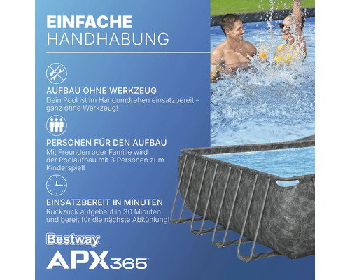 Bestway APX365 Pool mit einfacher Handhabung, Aufbau ohne Werkzeug, drei Personen für den Aufbau und einsatzbereit in Minuten.