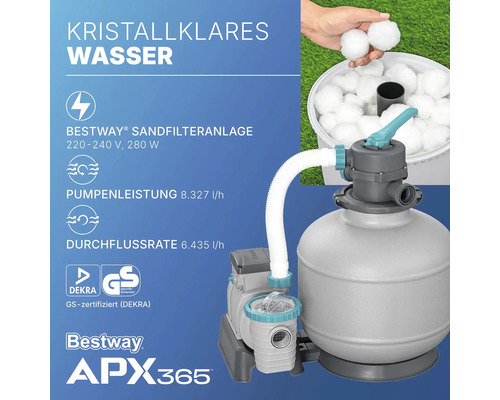 Bestway Sandfilteranlage mit Dekra GS Zeichen und technischen Details