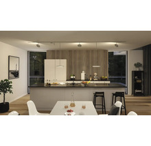 Moderne Küche mit Kücheninsel, Esstisch und flexibler Schienenbeleuchtung.