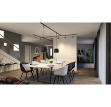 Esszimmer mit Esstisch, Stühlen, Teppich und Schienenstrahler an der Decke.
