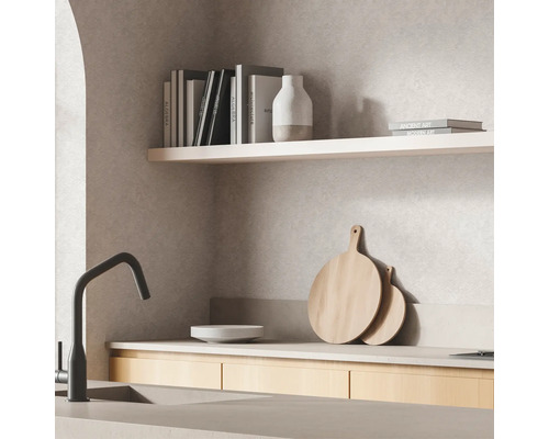 Küchenszene mit Spüle, Armatur, Schneidebrettern und Regalen