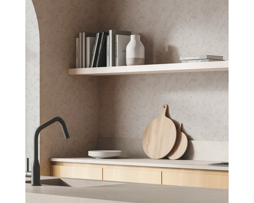 Moderne Küche mit Spüle, Wasserhahn, Schneidebrettern und Regal