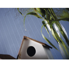Dekoratives Arrangement mit einem Vogelhaus und einer Vase auf einem strukturierten Hintergrund.
