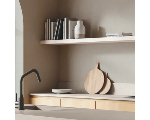 Küchenspüle mit Armatur, Holzschneidebrettern, Geschirr und Dekoration auf einem Regal