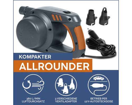 Elektrische Luftpumpe mit verschiedenen Ventiladaptern und 12 Volt-Autosteckdose