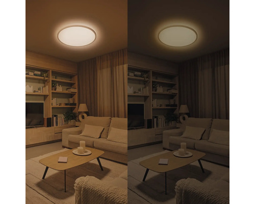 Wohnzimmer mit Deckenleuchte in verschiedenen Lichtstimmungen