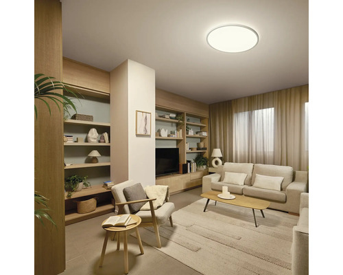 Wohnzimmer mit Sofa, Regalen, Sessel und runder Deckenleuchte