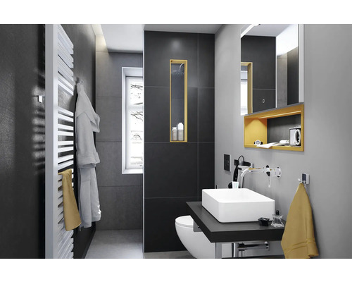 Feinsteinzeug Bodenfliese Cementine 59,7x59,7 cm anthrazit matt Modernes Badezimmer mit Waschbecken, Toilette und Handtuchwärmer