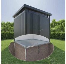 Metall Gerätehaus mit Schraubfundament im Garten.