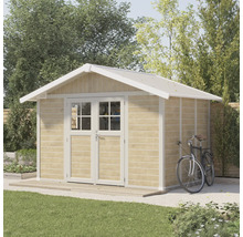 Gartenschuppen aus Holz mit Doppeltür und Fahrrad