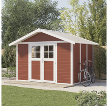 Gartenhaus aus Holz mit Doppeltür und Fahrrad