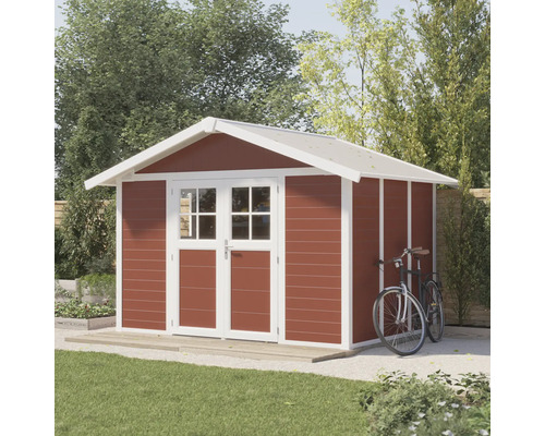 Gartenhaus aus Holz mit Doppeltür und Fahrrad