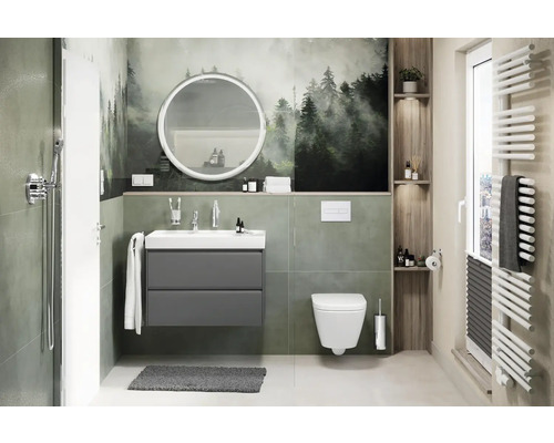 Modernes Badezimmer mit Waschtisch, Spiegel, Toilette und Heizkörper