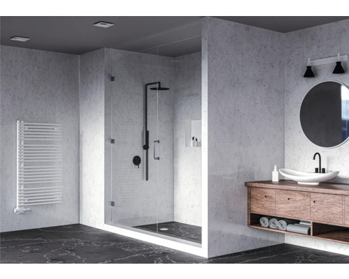 Modernes Badezimmer mit Dusche, Waschbecken und Heizkörper
