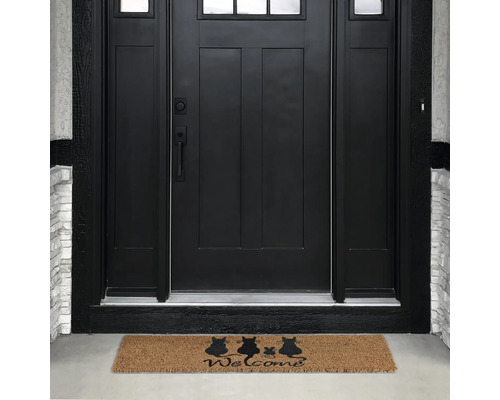 Fußmatte vor einer Haustür mit Katzenmotiv und der Aufschrift Willkommen