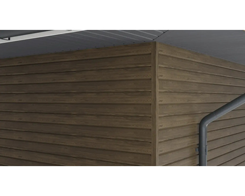 Nahaufnahme einer Fassade mit Holzverkleidung und Regenrinne