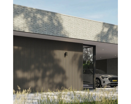 Modernes Carport mit Holzverkleidung und geparktem Auto