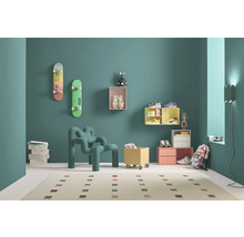 Modernes Zimmer mit Möbeln, Skateboards und Dekorationsartikeln.