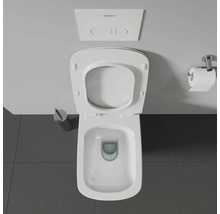 Aufnahme einer Toilette mit offenem Toilettendeckel, Spülkasten und Toilettenpapierhalter