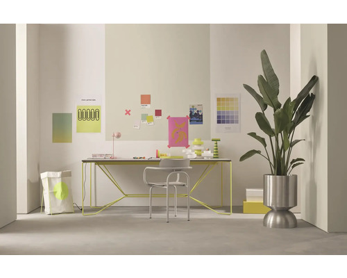 Heller Arbeitsplatz mit Schreibtisch, Stuhl, Zimmerpflanze und Dekoration