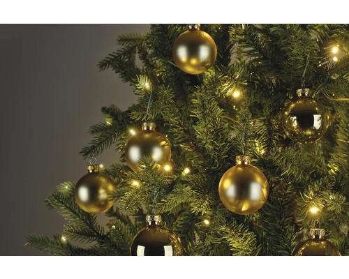 Weihnachtsbaumkugeln Glas Ø 6 cm gold 30 Stück Nahaufnahme eines Weihnachtsbaums mit goldenen Kugeln und Lichtern