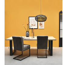 Moderner Essbereich mit einem Holztisch, schwarzen U-Beinen, zwei grauen Freischwinger-Stühlen und einer schwarzen Gitterpendelleuchte vor gelber Wand.