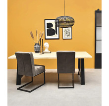 Modernes Esszimmer mit hellem Holztisch, schwarzen Metallfüßen, grauen Freischwinger-Stühlen aus Stoff und einer schwarzen Drahtpendelleuchte.