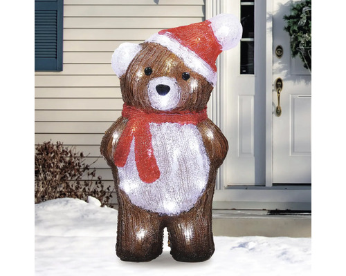Leuchtender Teddybär mit Weihnachtsmütze und Schal als Weihnachtsdekoration für den Außenbereich
