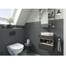 Modernes Badezimmer mit Dachfenster, Waschtisch, Spiegelschrank und Wand-WC.