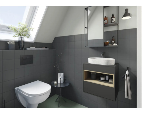 Modernes Badezimmer mit Dachfenster, Waschtisch, Spiegelschrank und Wand-WC.