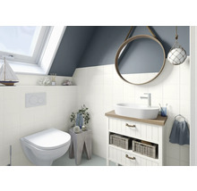 Badezimmer mit Toilette, Waschtisch, Spiegel und Dekorationsartikeln unter einem Dachfenster