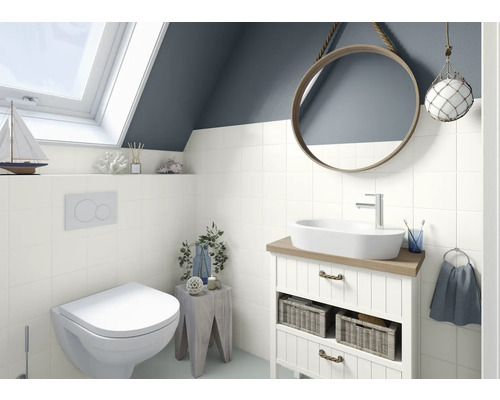 Badezimmer mit Toilette, Waschtisch, Spiegel und Dekorationsartikeln unter einem Dachfenster